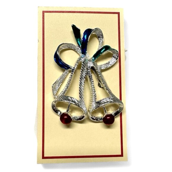 Vintage GERRY'S Christmas BELL Brooch Pin Silver Tone Enamel 2-1/4" Beautiful - Picture 1 of 12